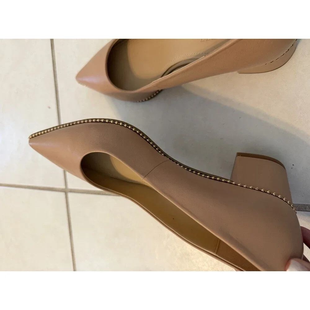 COACH Women’s Beige Pointed Toe Studded Trim Solid Slip-On Block Heel Pumps